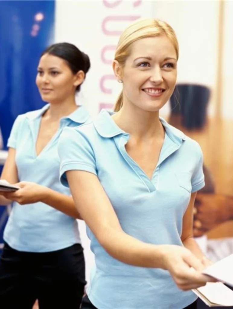 Two women who are distributing flyers to visitors during an exhibition