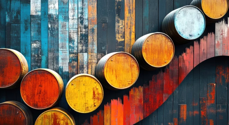 red and yellow wooden wine barrels and blue wall