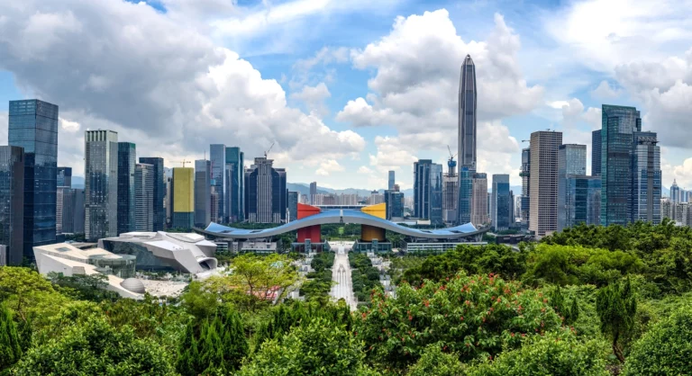 Landscape in China with greeneries and skyscrapers