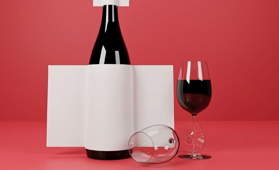 Une bouteille de vin avec un verre de vin portant une étiquette vierge.