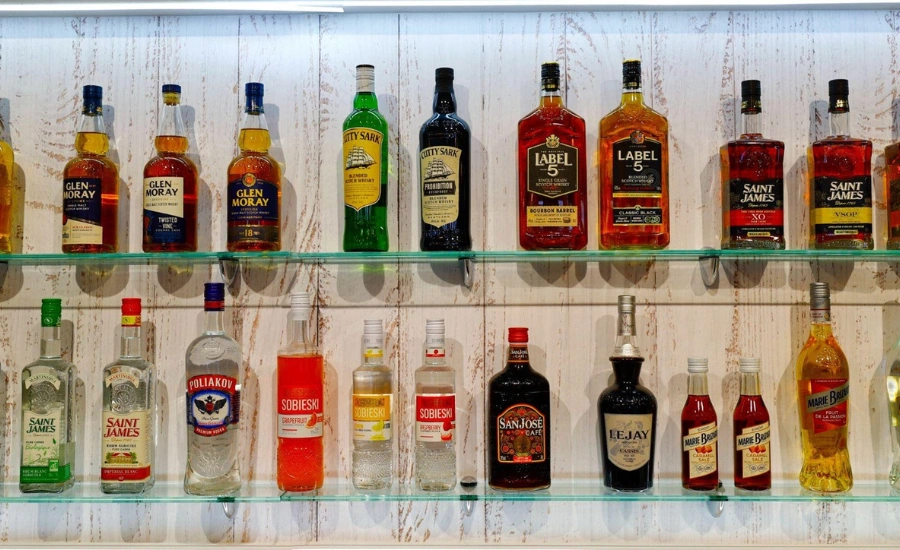 Shelves full of alcohol bottles