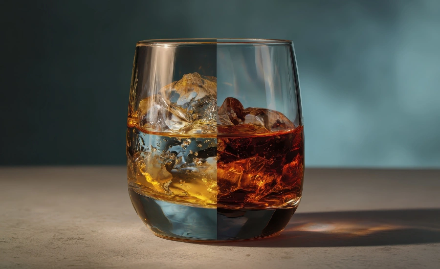 Un verre d'alcool avec des glaçons à l'intérieur