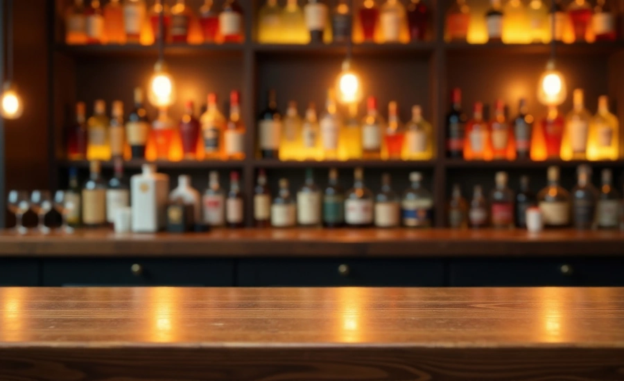 comptoir de bar avec des bouteilles en fond