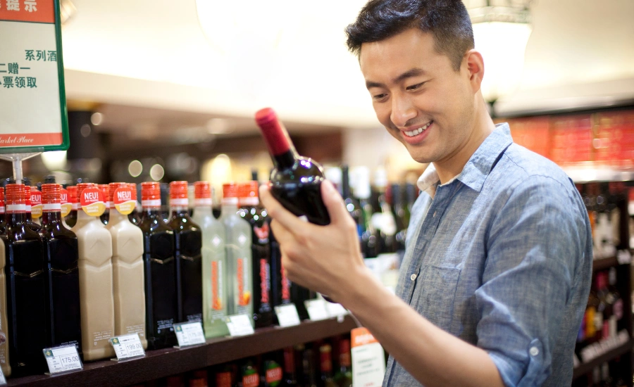 Homme asiatique qui sourit en regardant une bouteille de vin sans acool