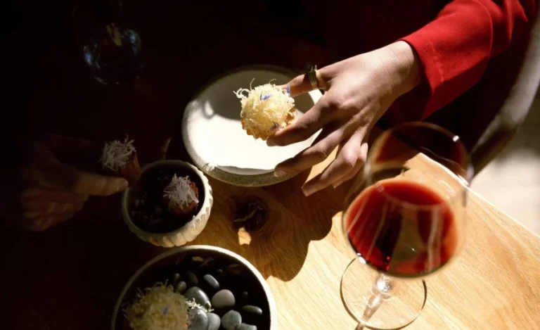 Hand holding a cheese and a red wine for a pairing