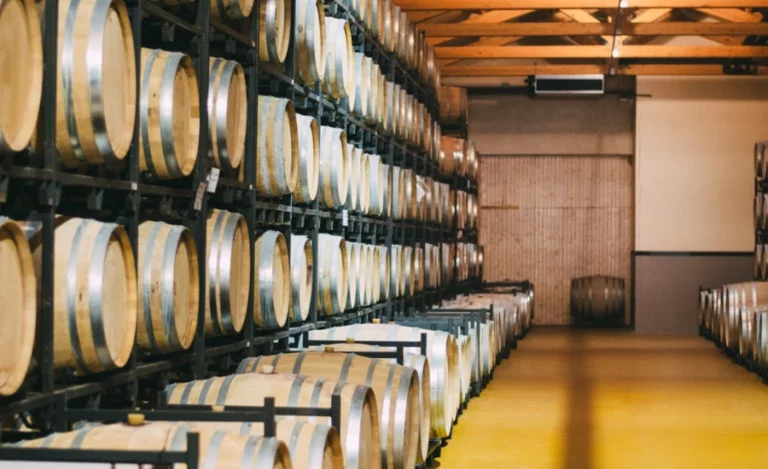 Barrels of wine on a warehouse