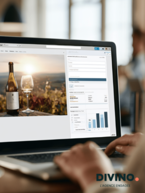 laptop with linkedin campaign and bottle of wine