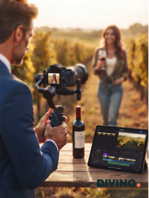 man filming a woman presenting wine products in the vinyard